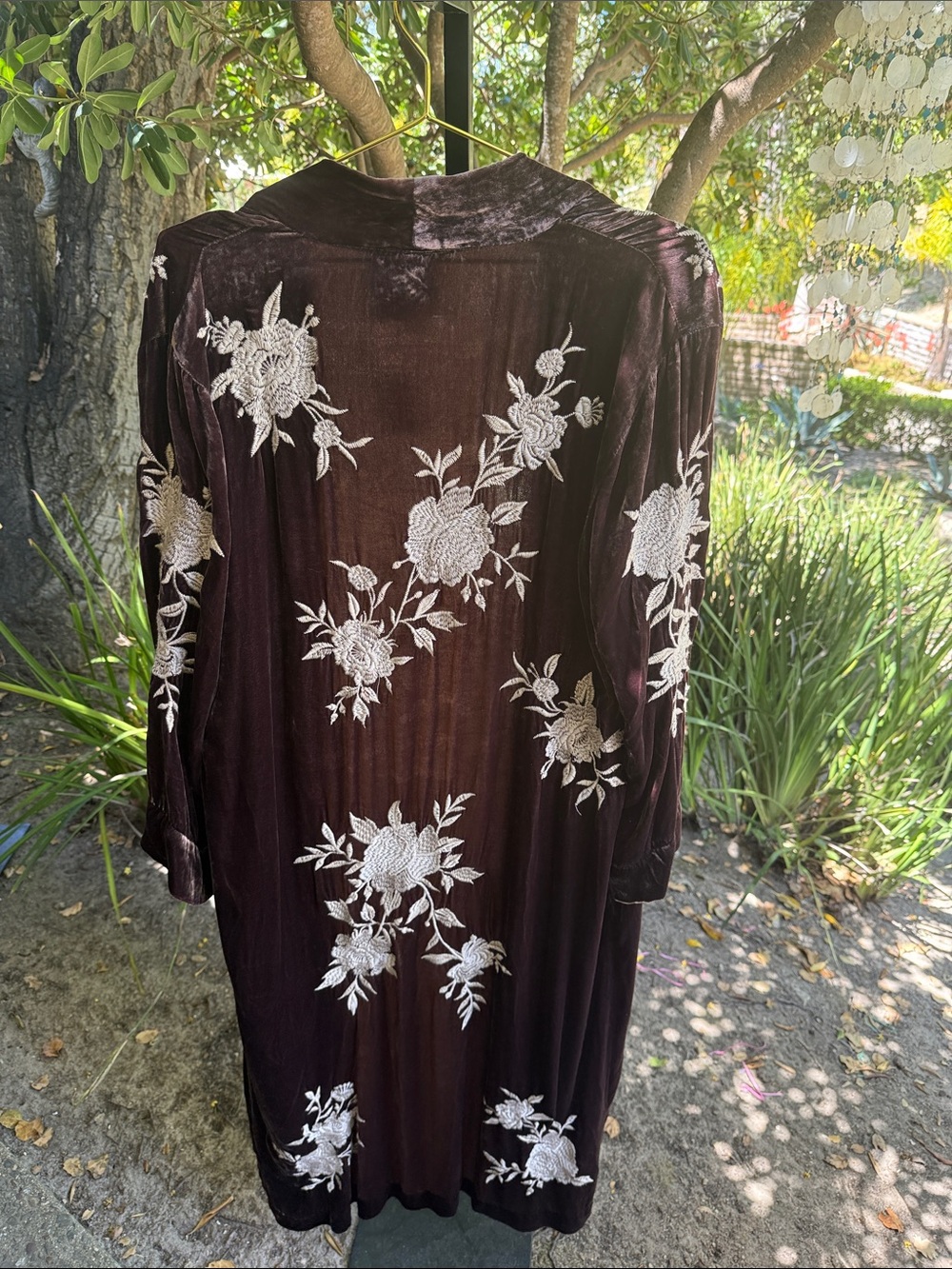 Johnny Was Plum Velvet Longline Jacket with White Floral Embroidery